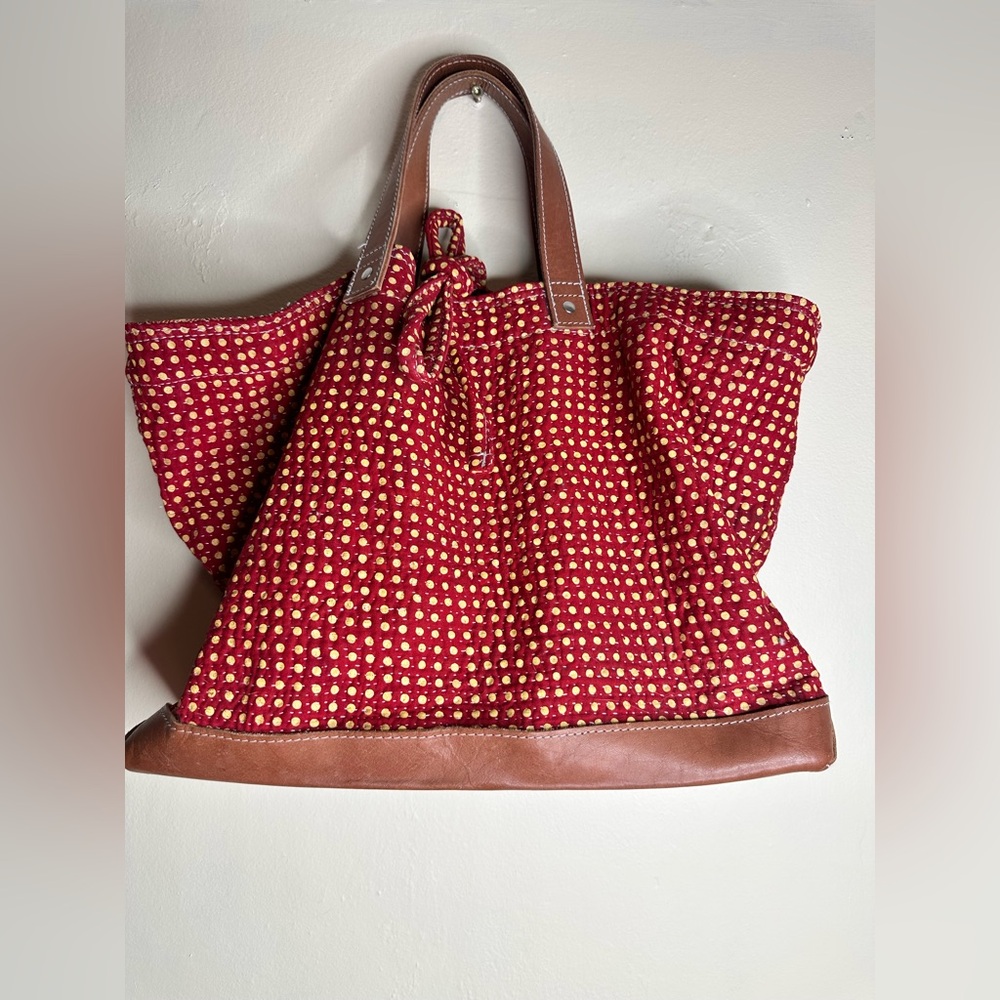 Sundance polka dot floral Woven Fabric and Leather Tote Bag